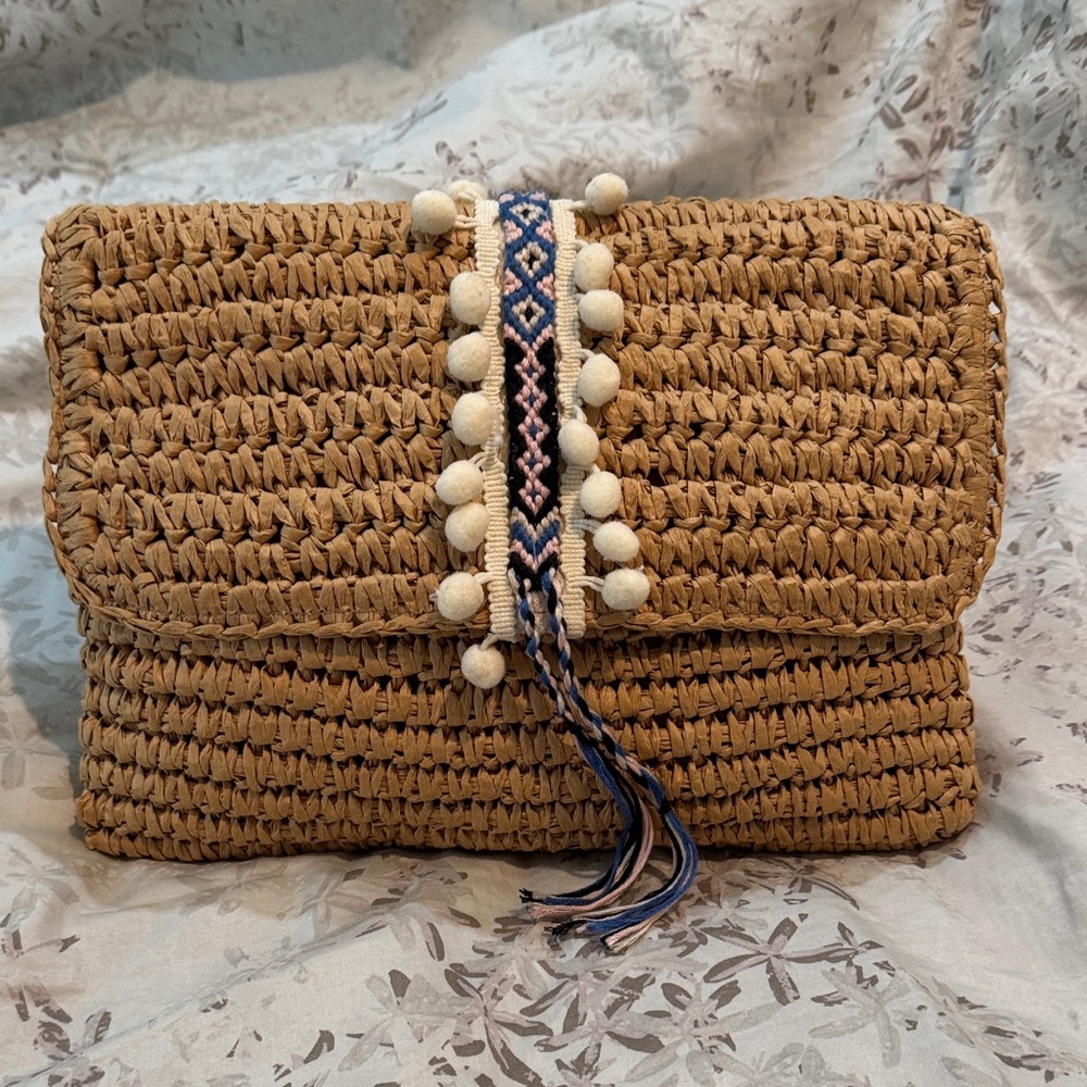 Woven Tan Clutch with Blue Embellishments